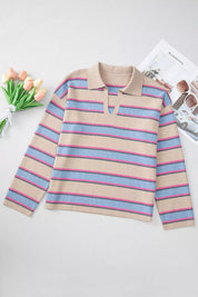 Striped color block johnny collar sweater in pastel with ribbed cuffs