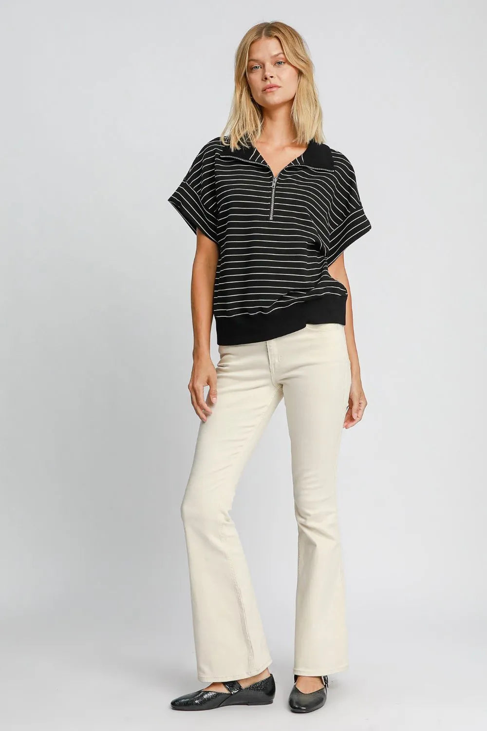 Umgee Striped Half Zip Short Sleeve Sweatshirt Sweatshirts