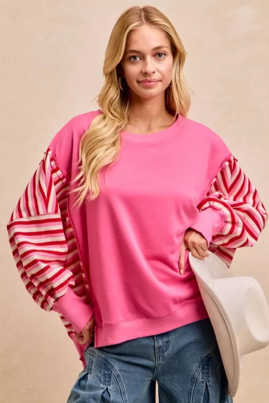 BiBi French Terry Stripe Combo Sweatshirt in vibrant pink with red and white striped sleeves
