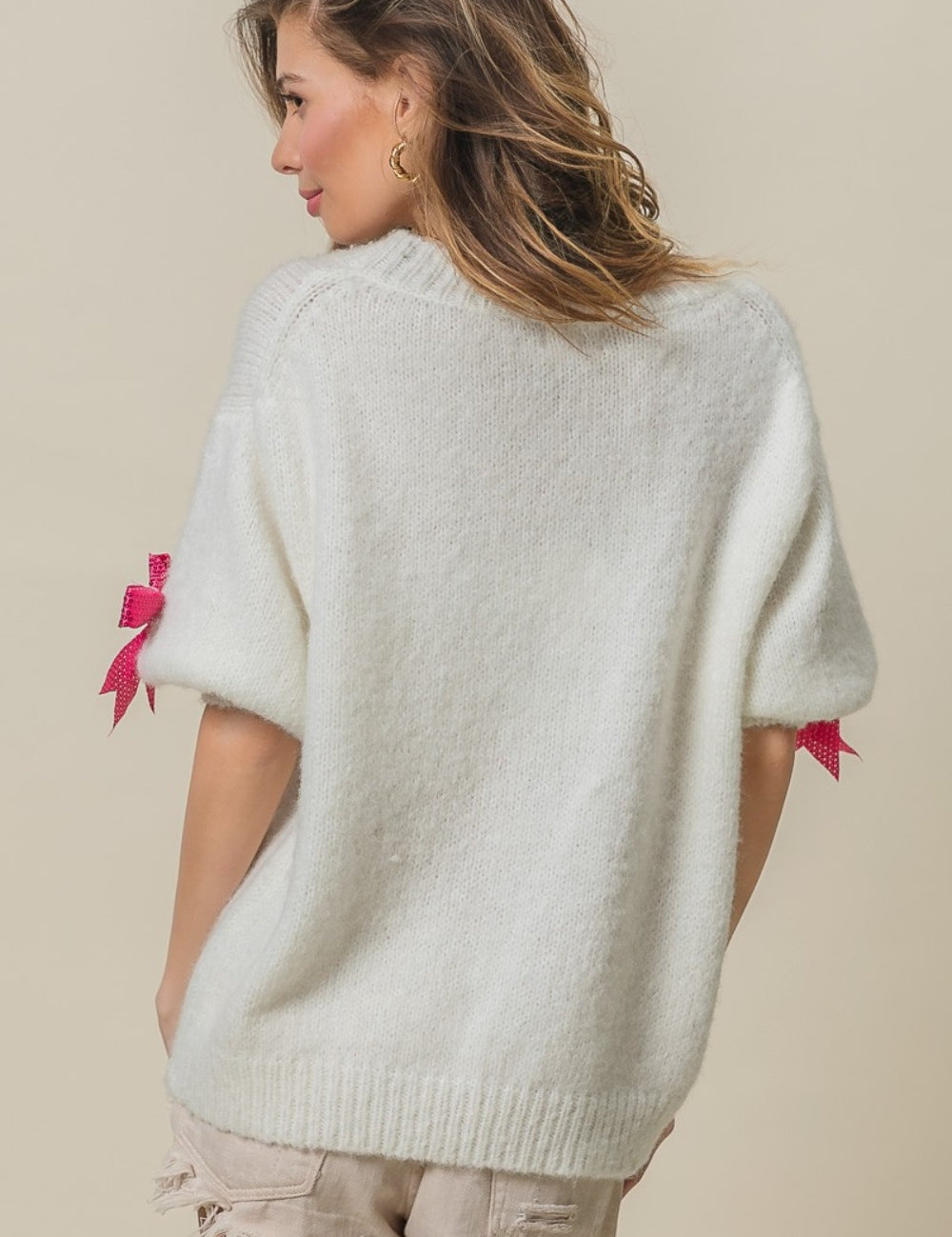 BiBi Sequin Bow Puff Sleeve Sweater