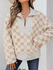 Checker Sherpa Corduroy Patchwork Zip Up Jacket | Jackets Daverri Fashions