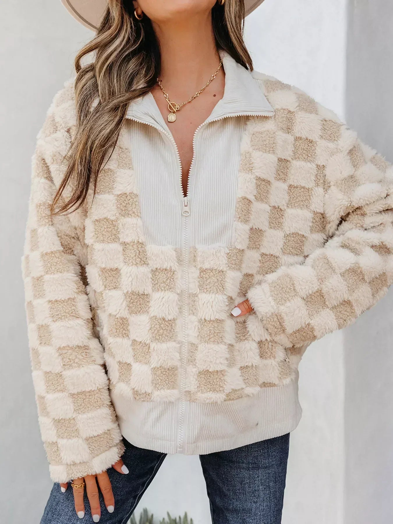 Checker Sherpa Corduroy Patchwork Zip Up Jacket - DAVERRI FASHIONS