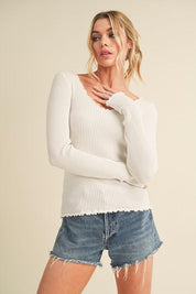 White L Aemi + Co Lettuce Hem Scoop Neck Long Sleeve Knit Top | Tops Daverri Fashions