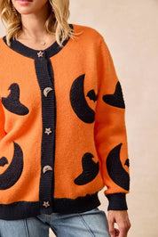 BiBi Halloween Witch Hat Moon Bat Artwork Cardigan | Cardigans Daverri Fashions
