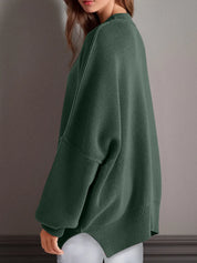 Side Slit Round Neck Long Sleeve Sweater | Sweaters Daverri Fashions