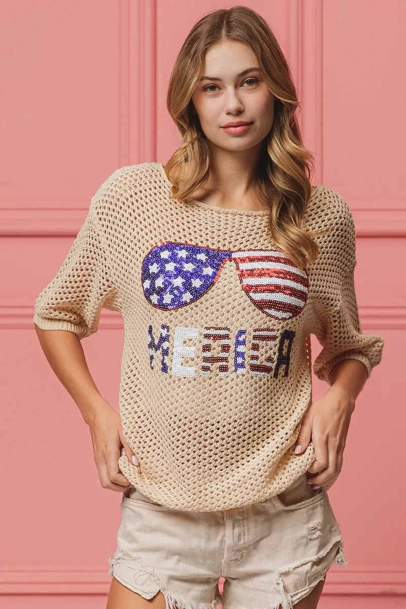 BiBi sequin American flag sunglasses knit cover up with beige sweater, Merica lettering