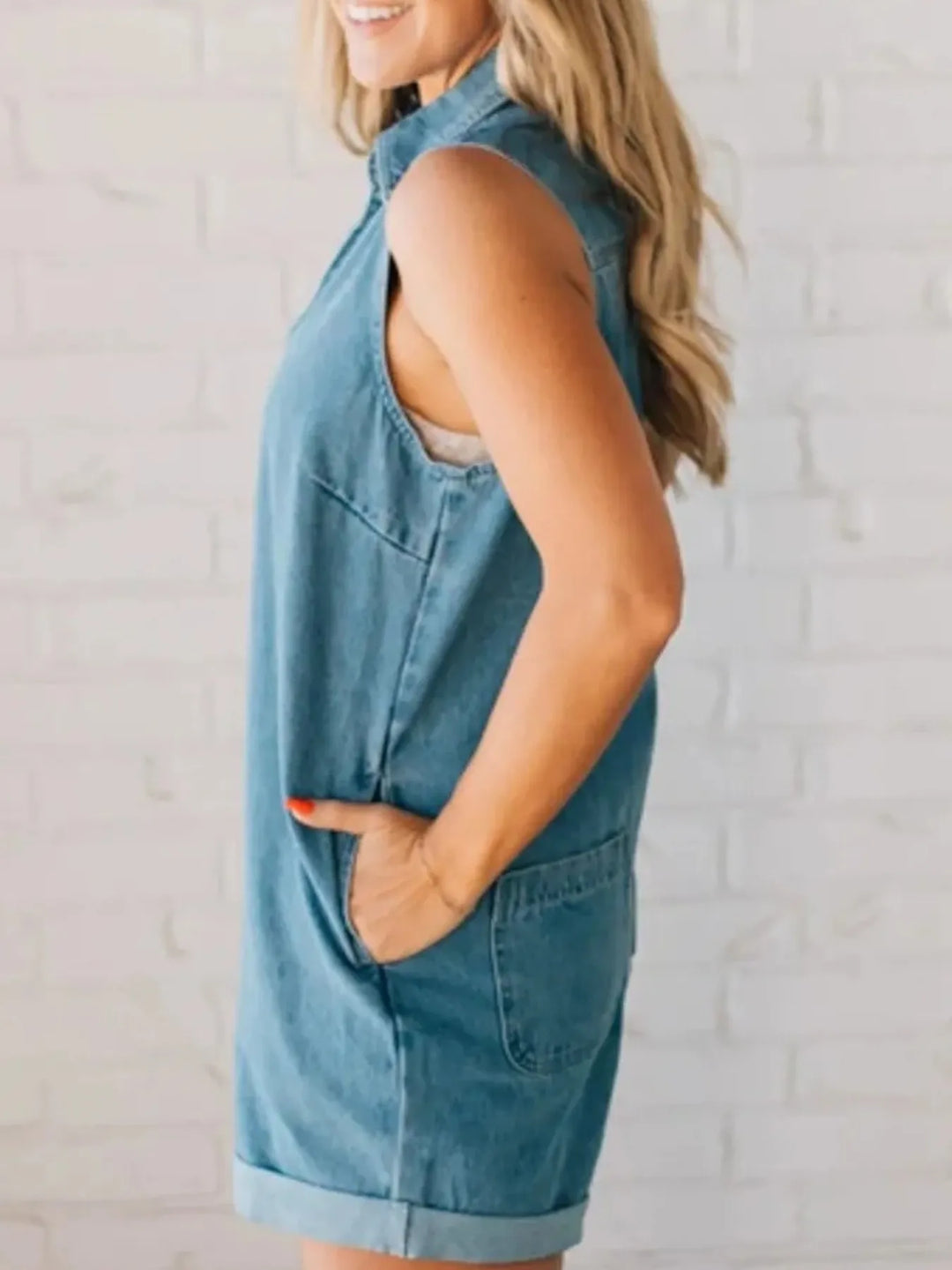 Zip Front Sleeveless Denim Romper | Rompers Daverri Fashions