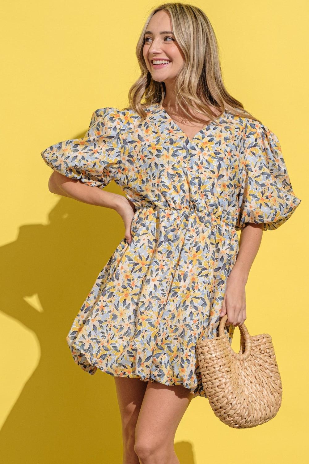 And The Why Full Size Floral Surplice Puff Sleeve Dress | Daverri Fashions