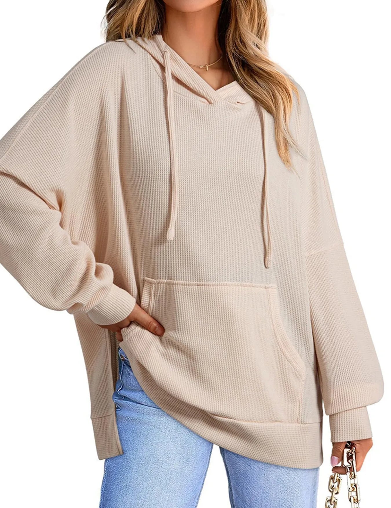 Apricot Slit Drawstring Waffle Knit Hoodie | Hoodies Daverri Fashions