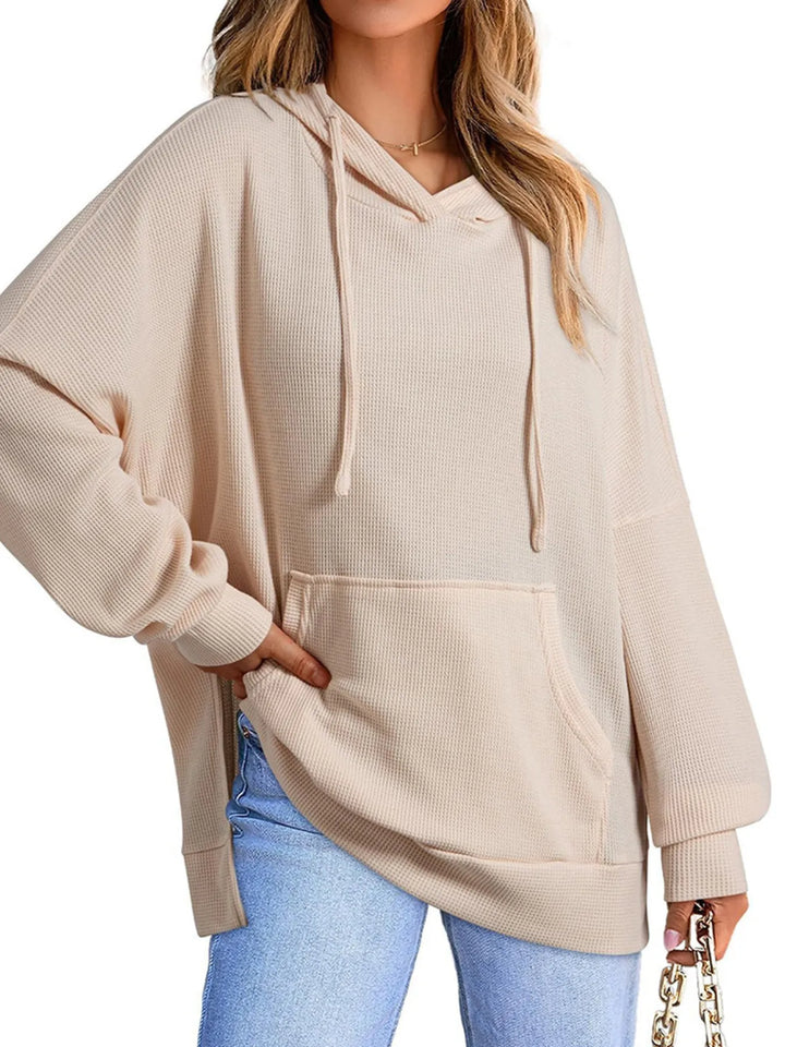 Apricot Slit Drawstring Waffle Knit Hoodie | Hoodies Daverri Fashions
