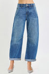 RISEN slouchy cropped barrel jeans in medium blue wash with rolled cuffs