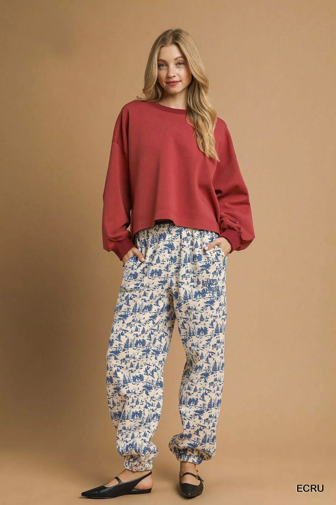Umgee Scenic Print Casual Sweatpants Ecru | Sweatpants Daverri Fashions