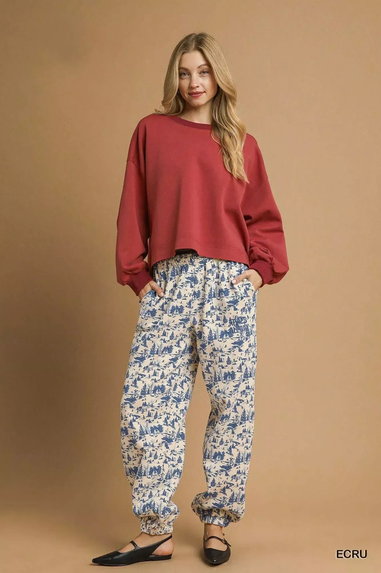Umgee Scenic Print Casual Sweatpants Ecru - DAVERRI FASHIONS