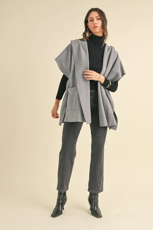 MABLE Knit Open Front Hooded Cardigan With Pocket Cardigans