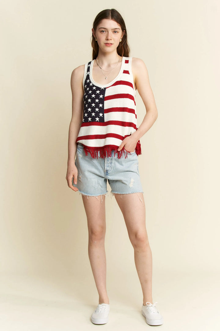 Jade By Jane Full Size American Flag Fringe Tank Top Tank Tops