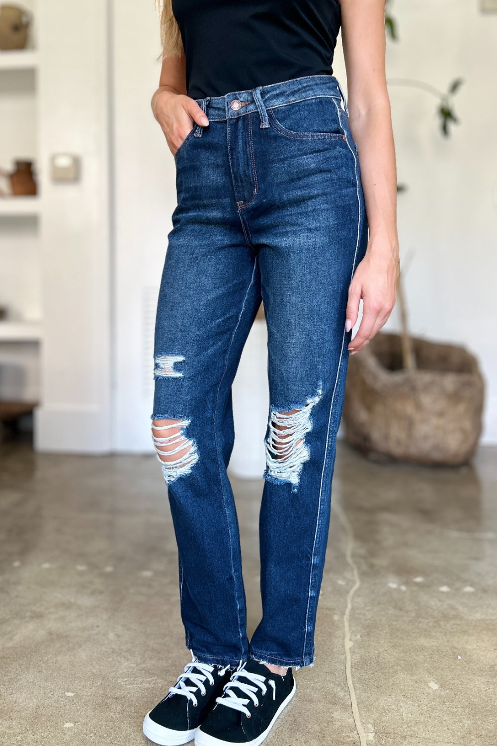 Judy Blue Full Size High Waist Rigid Magic Heavy Destroy Straight Jeans | Daverri Fashions