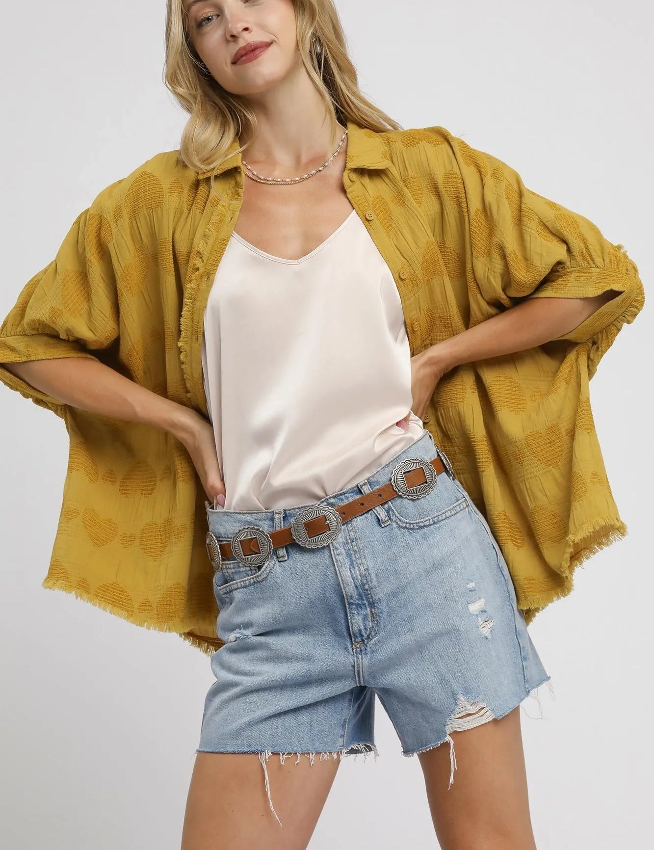 GOLDEN KIWI Umgee Jacquard Heart Collared Shirt | Shirts Daverri Fashions