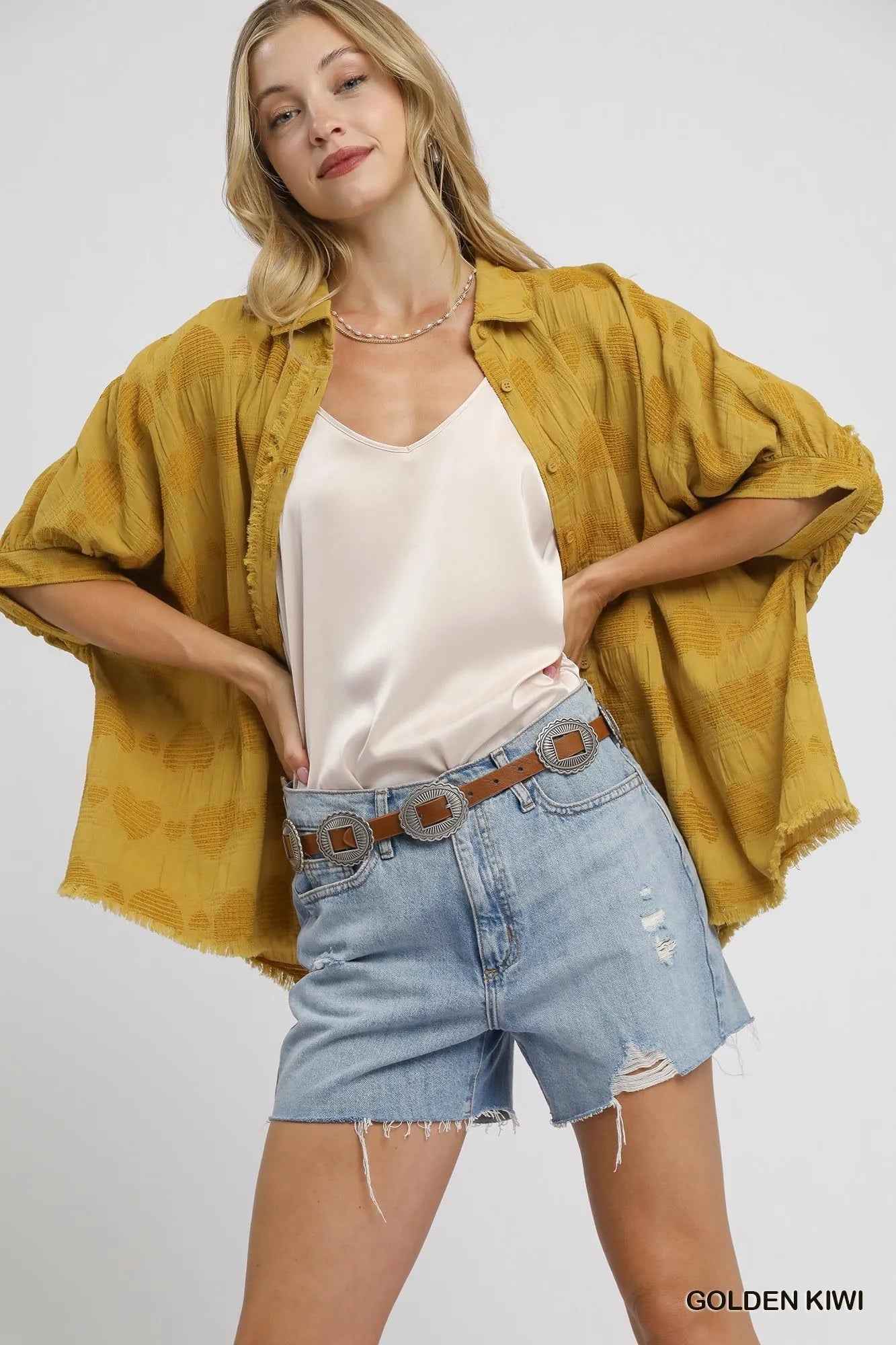 Umgee Jacquard Heart Collared Shirt GOLDEN KIWI Shirts