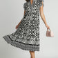 Umgee Two Tone Border Print Ruffle Cap Sleeve Midi Dress Mid Dresses