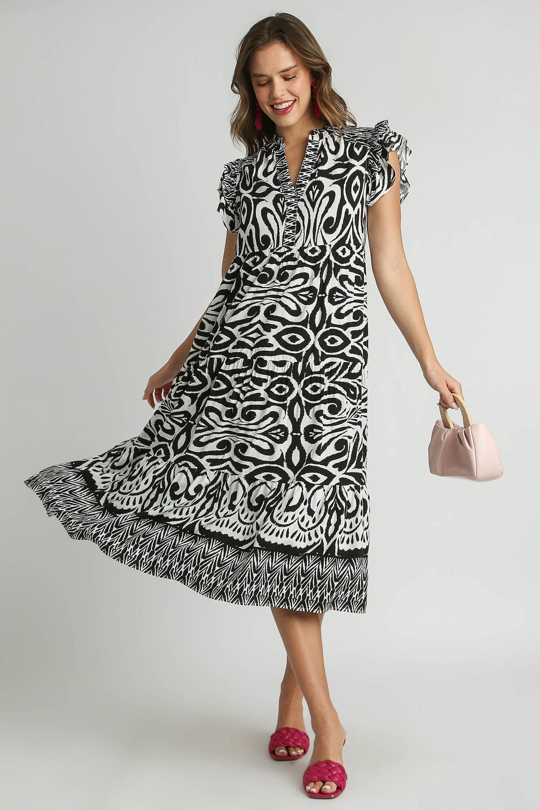 Umgee Two Tone Border Print Ruffle Cap Sleeve Midi Dress Mid Dresses