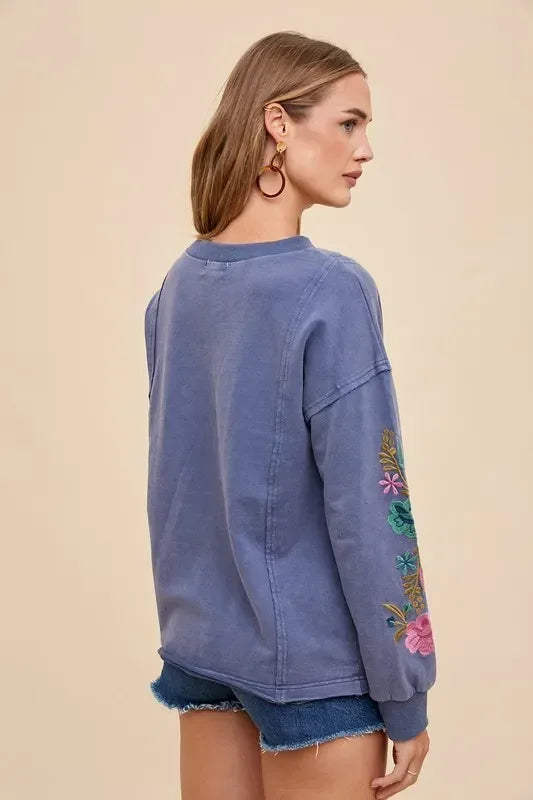 Annie Wear Embroidered Long Sleeve French Terry Top Washed Midnight - DAVERRI FASHIONS