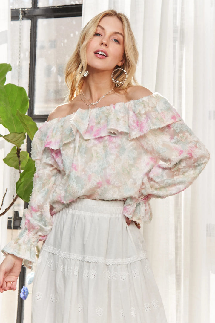 ADORA Ruffled Off Shoulder Floral Blouse Tops