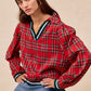 BiBi Christmas Plaid Collared Top with Ruffled Detail - DAVERRI FASHIONS