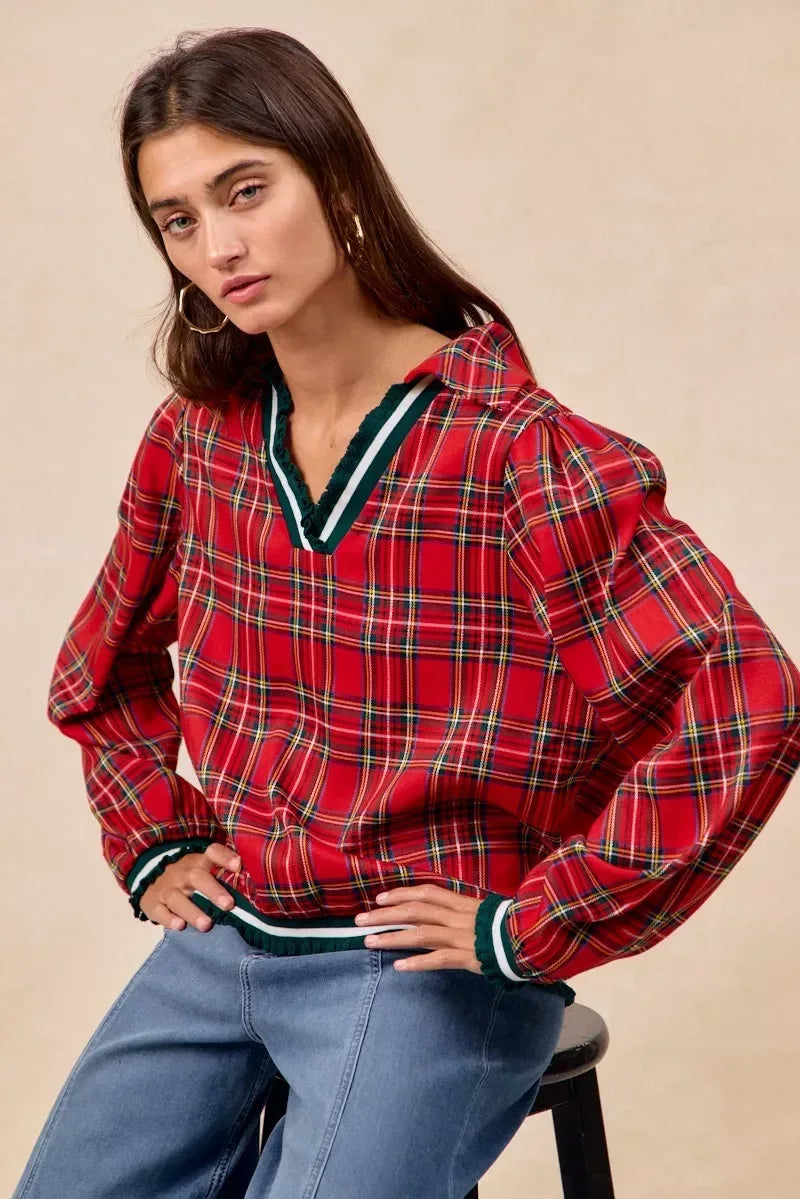 BiBi Christmas Plaid Collared Top with Ruffled Detail - DAVERRI FASHIONS