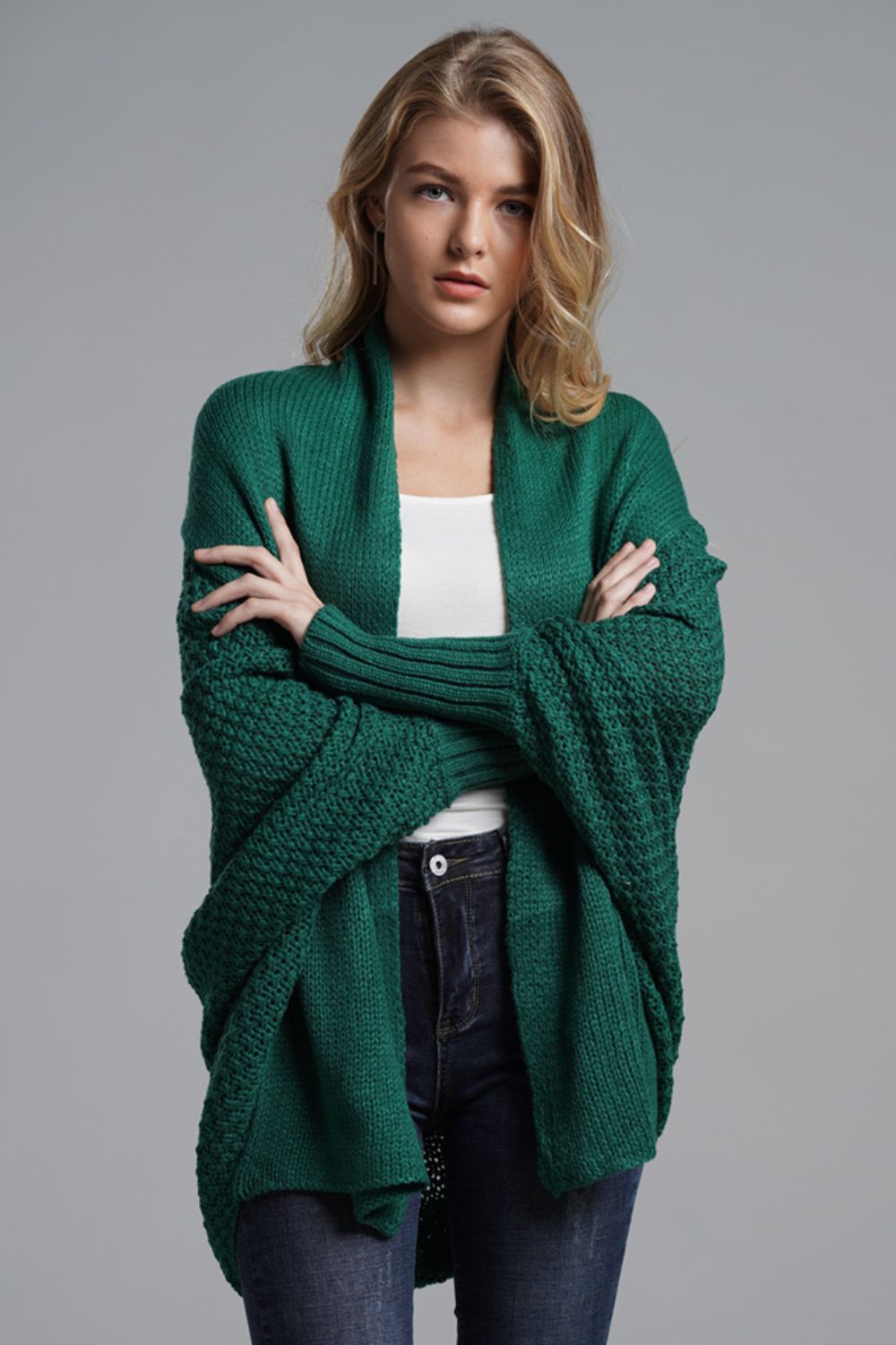 Dolman Sleeve Open Front Ribbed Trim Longline Cardigan | Cardigans Daverri Fashions