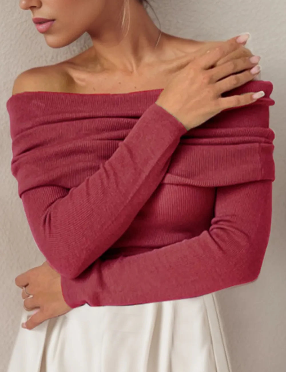 Burgundy Off-Shoulder Long Sleeve Sweater | Sweaters Daverri Fashions