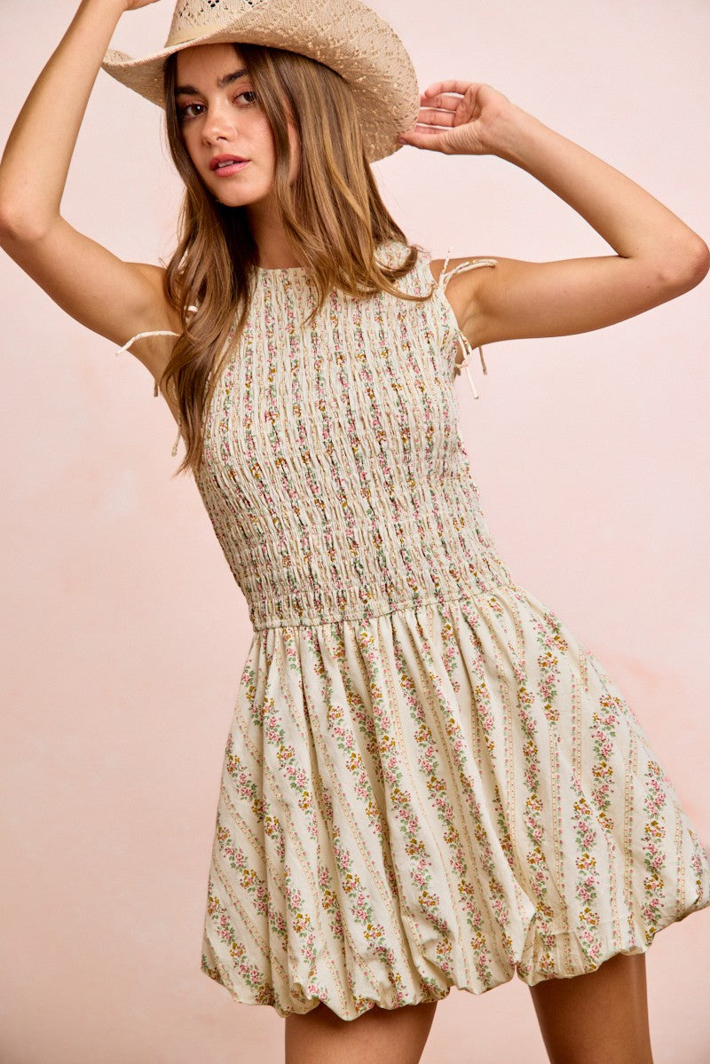 BiBi Floral Bow Tie Attachable Puff Sleeves cream dress with smocked bodice