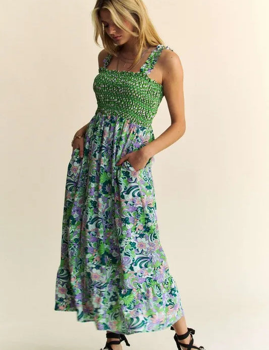 Davi & Dani Multi Smocked Bodice Geo Ruffle Strappy Midi Dress | Midi Dresses Daverri Fashions