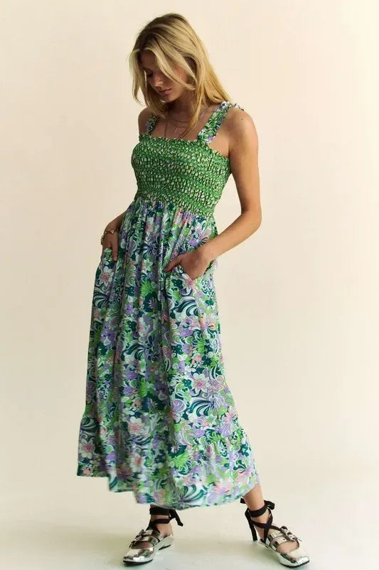 Davi & Dani Multi Smocked Bodice Geo Ruffle Strappy Midi Dress - DAVERRI FASHIONS