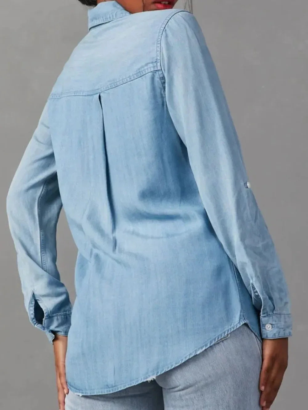 Collared Neck Roll-Tab Sleeve Denim Top - DAVERRI FASHIONS