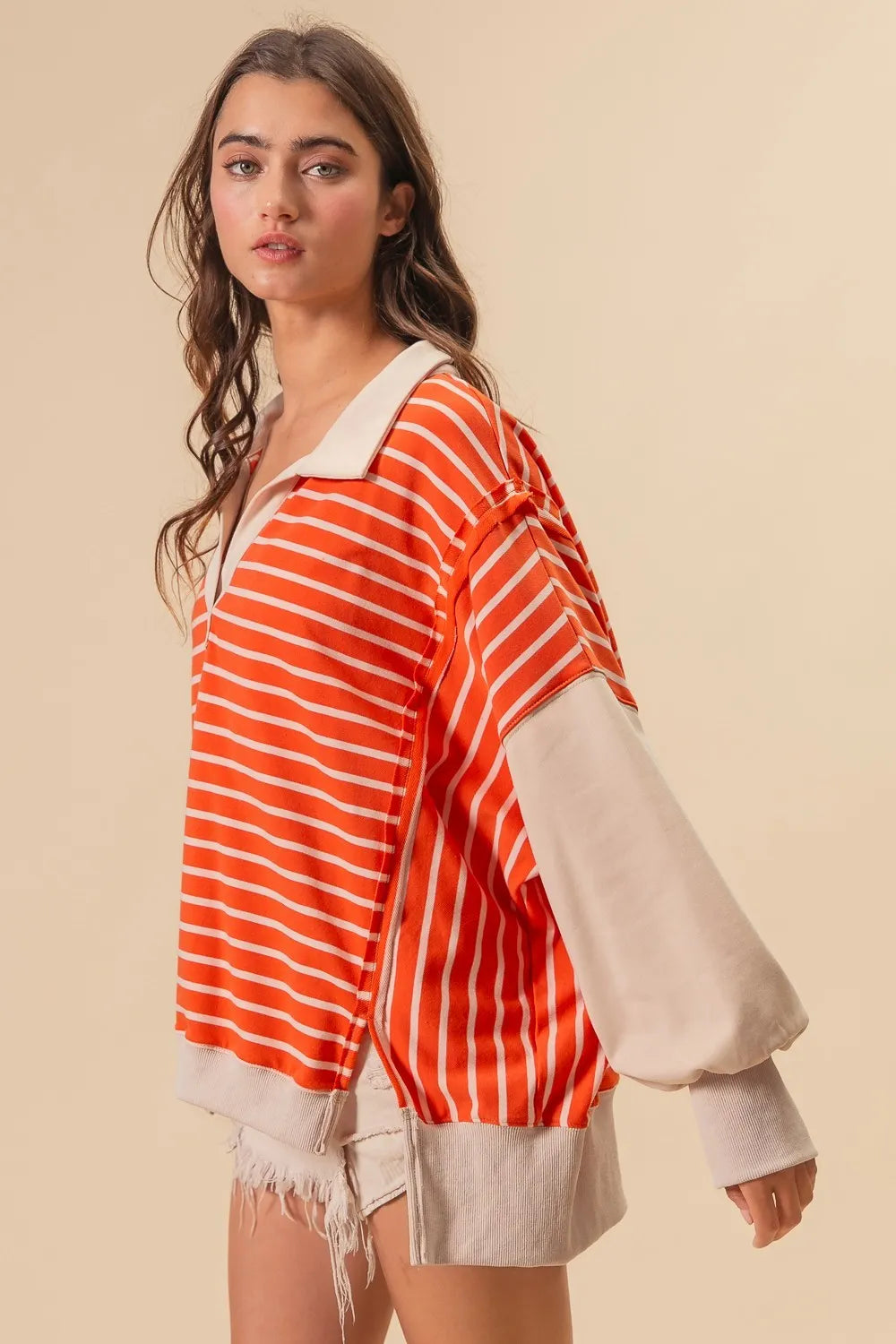 BiBi Stripe Knit Loose Fit Top With Cut Edge Detail Tops