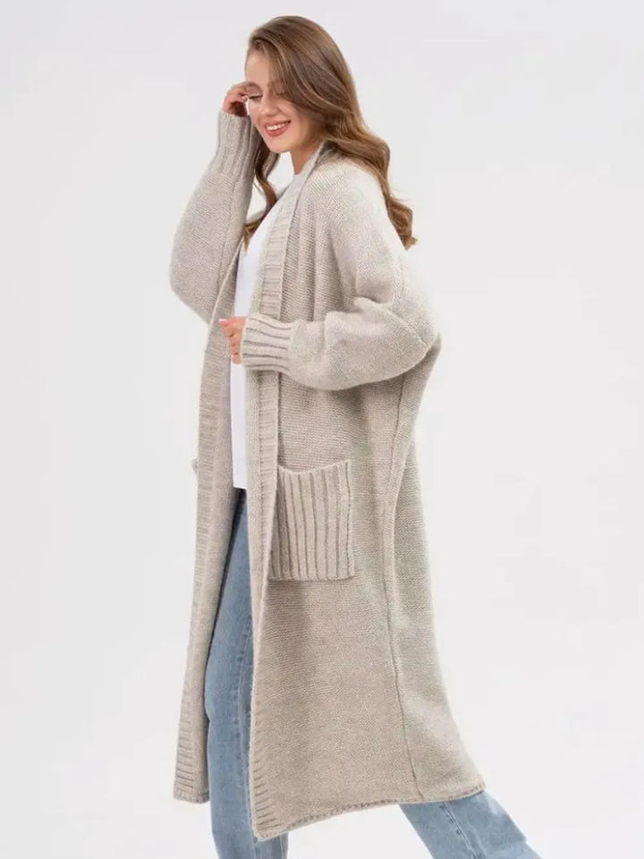 Pocketed Open Front Long Sleeve Longline Cardigan | Cardigans Daverri Fashions