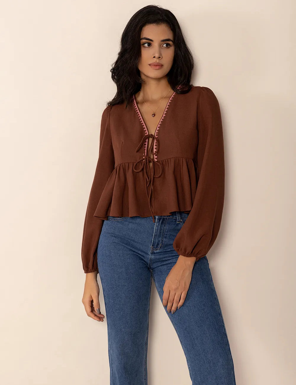 Peplum Tied V-Neck Long Sleeve Blouse | Blouses Daverri Fashions