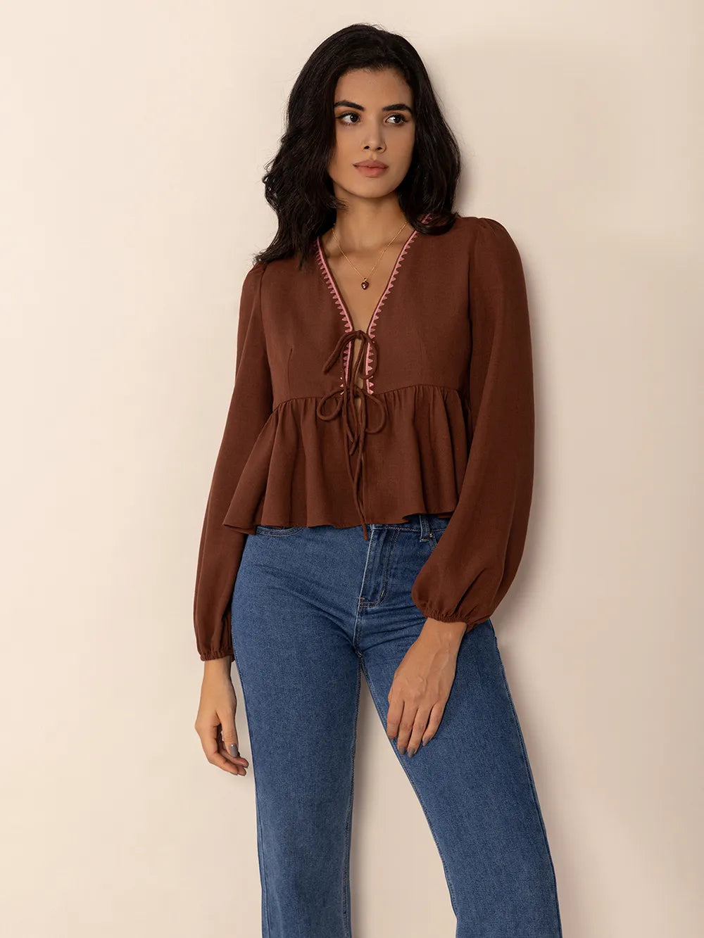 Peplum Tied V-Neck Long Sleeve Blouse | Blouses Daverri Fashions