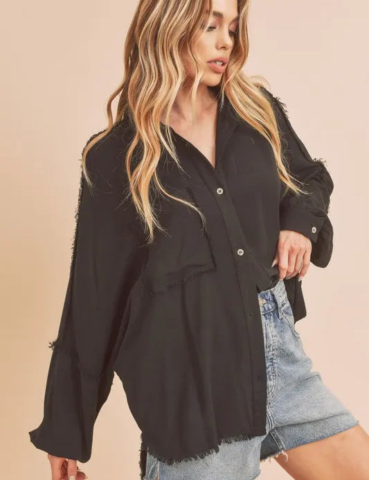Aemi + Co Raw Edge Exposed Seam Collared Neck Long Sleeve Shirt | Daverri Fashions