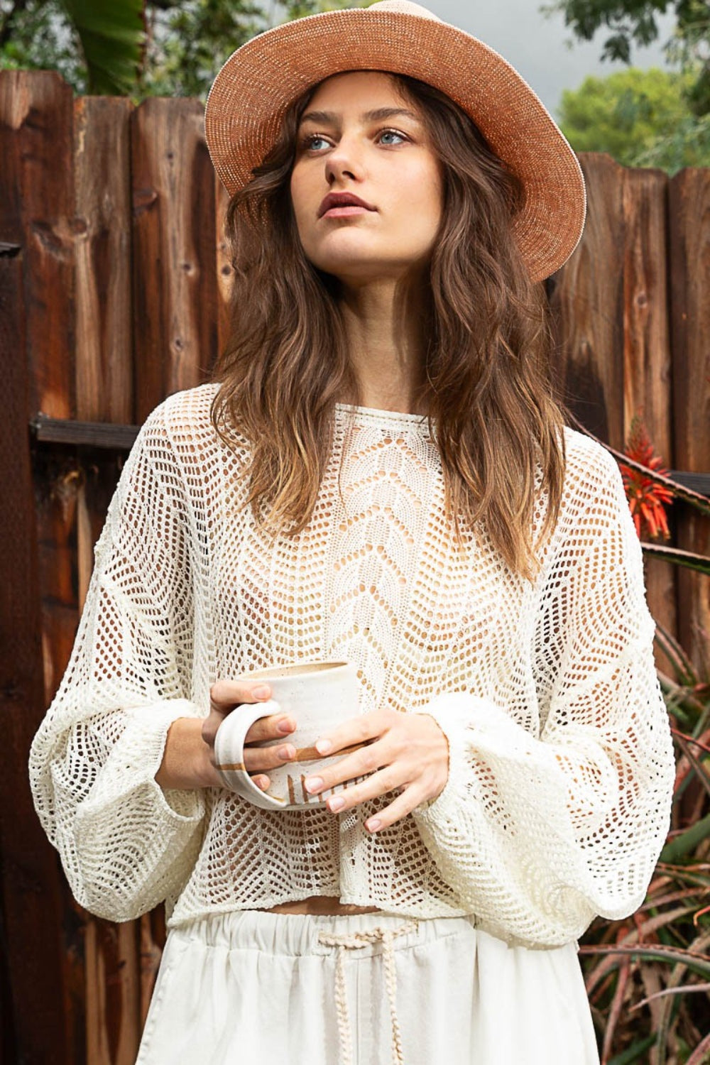 POL Openwork Balloon Sleeve Knit Cover Up Ivory