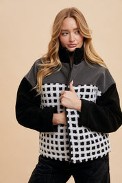 Annie Wear Plaid Zip Up Drop Shoulder Sherpa Jacket Ivory Black Tops