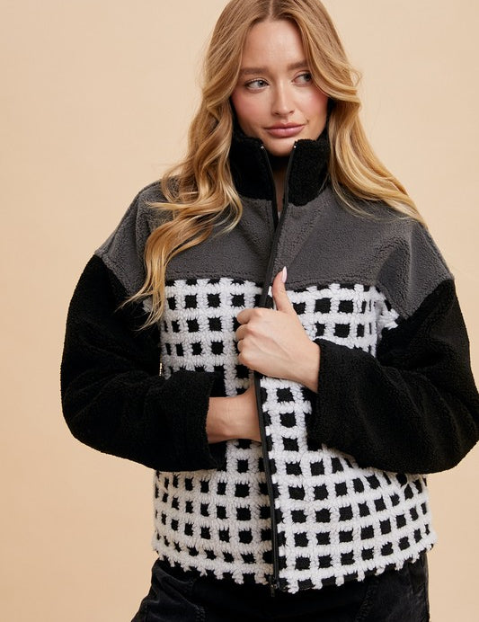 Annie Wear Plaid Zip Up Drop Shoulder Sherpa Jacket Ivory Black Tops