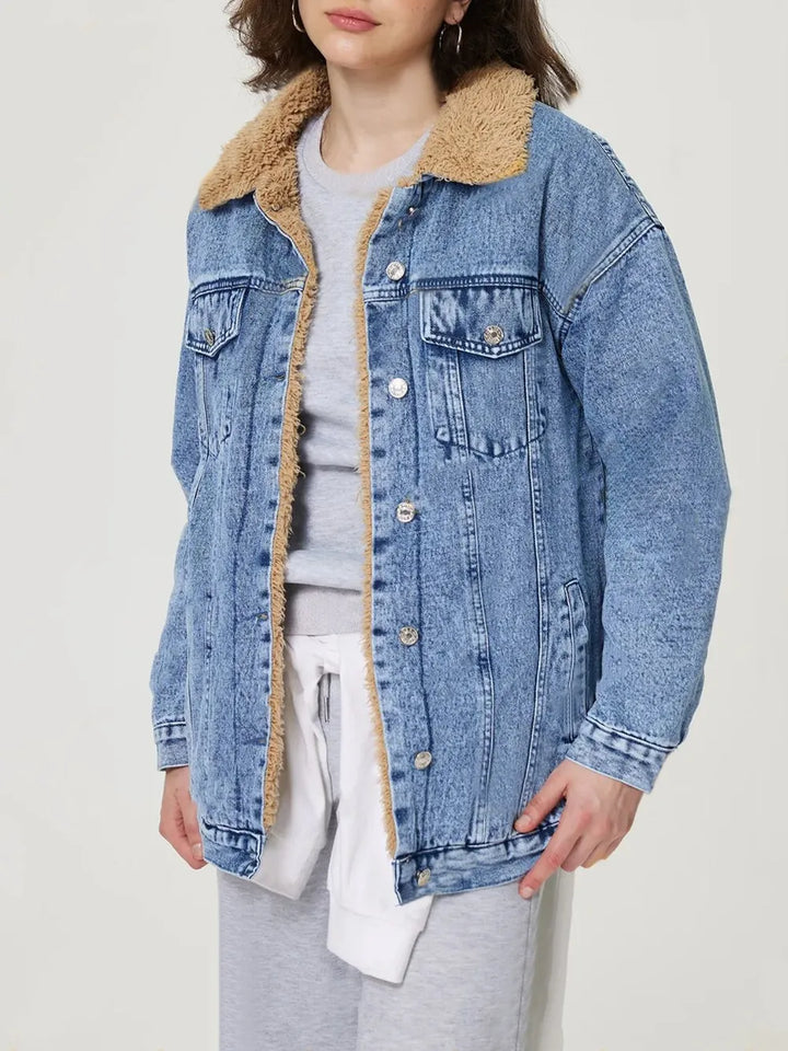 Light Button Up Collared Neck Plush Denim Jacket | Denim Jackets Daverri Fashions