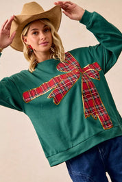 BiBi Plaid Ribbon Bow Detail Christmas Fleece Pullover | Sweatshirts Daverri Fashions