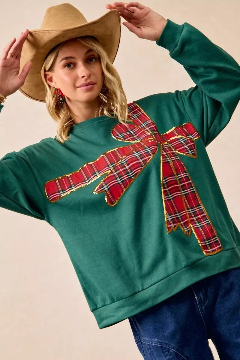 BiBi Plaid Ribbon Bow Detail Christmas Fleece Pullover - DAVERRI FASHIONS