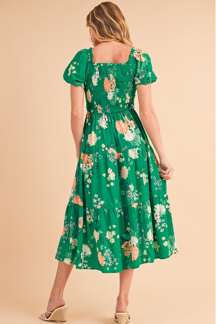 Green Floral Print Bubble Sleeve Smocked Tiered Midi Dress Midi Dresses