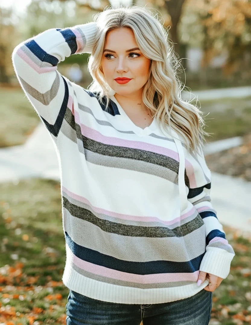 Stripe Plus Size Striped Long Sleeve Hooded Sweater | Daverri Fashions