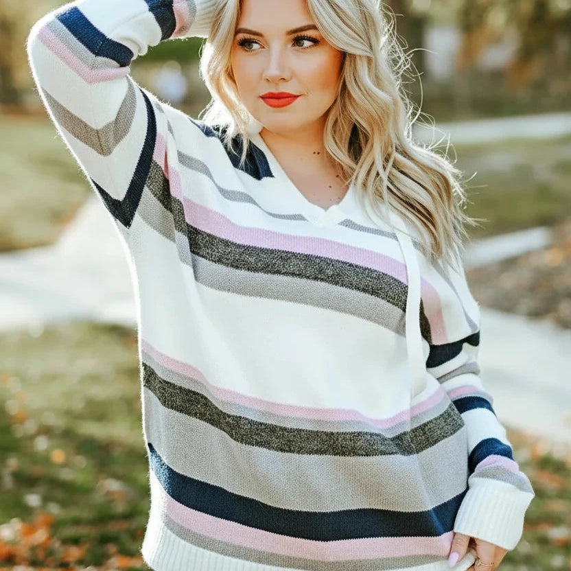 Stripe Plus Size Striped Long Sleeve Hooded Sweater | Daverri Fashions