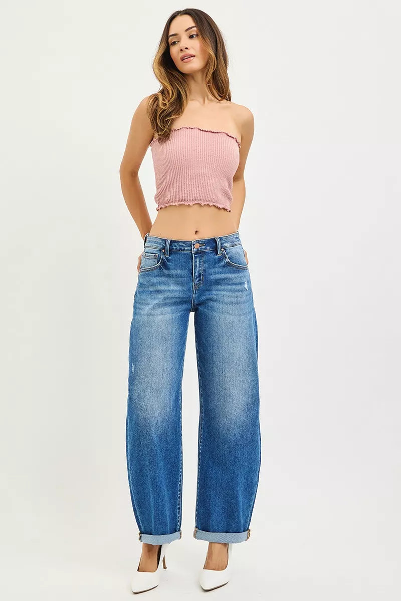 High-waisted blue wide-leg Risen barrel jeans with rolled cuffs