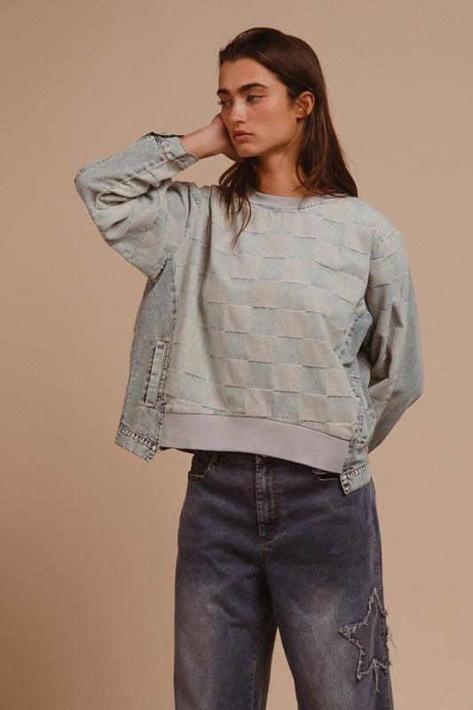 BiBi Mineral Washed Checkered Round Neck Denim Top - DAVERRI FASHIONS